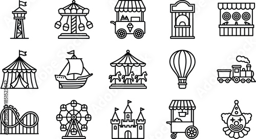 Amusement park icon collection illustration, featuring rides, circus tents, ferris wheel, carousel, hot air balloon, food carts, clown, castle, roller coaster attractions