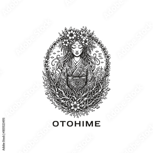 Serene vintage etching of the Japanese sea goddess Otohime with flowing hair, floral crown, and coral reefs in an intricate botanical frame