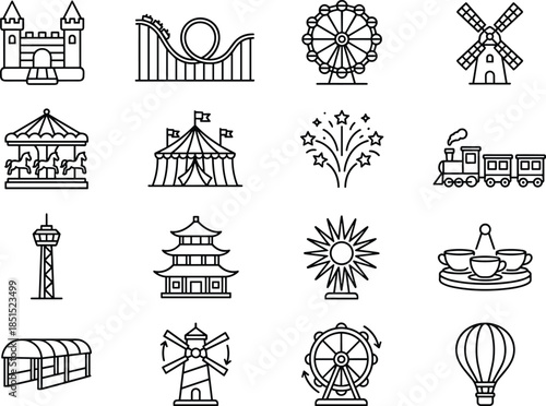Amusement park line icons, carnival attractions, funfair symbols, roller coaster, Ferris wheel, carousel, circus tent, fireworks, festival rides