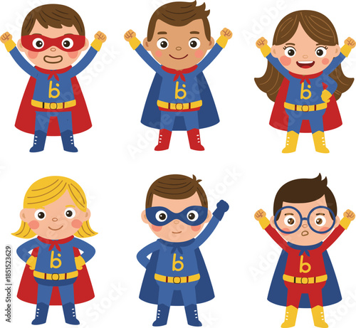 Cartoon superhero children, red cape, blue costume, heroic poses, empowerment theme, playful illustration, yellow belt, character design, kids in action, fun expression, bravery