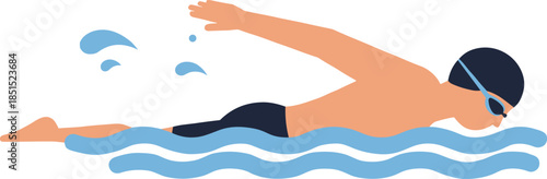 Cartoon swimmer illustration, freestyle stroke artwork, water splash motion, swimming technique vector, sports activity design, child-friendly style, fitness theme, aquatic movement, athlete graphic