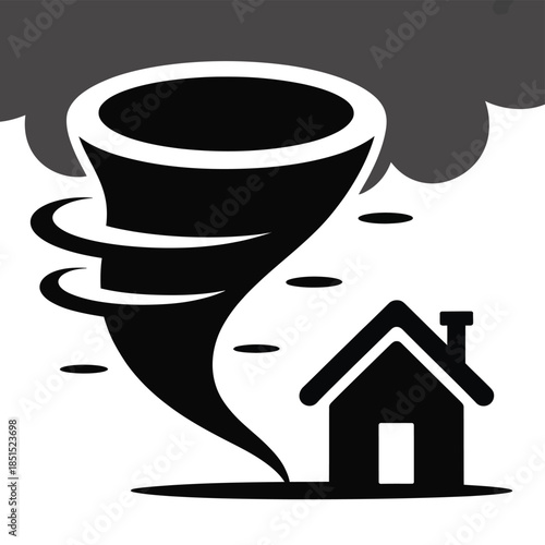 Powerful tornado funnel cloud approaching residential house creating severe wind storm and natural disaster emergency situation vector illustration