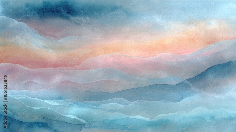 © mila103 - A painting of a sky with a blue and pink sunset. The sky is filled with watercolor brush strokes, creating a sense of movement and depth. The colors of the sunset are warm and inviting
