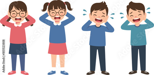 Children covering ears, loud noise reaction, emotional discomfort, cartoon illustration, sensory overload, expressive faces, group distress, sound sensitivity, animated kids, stress, reaction