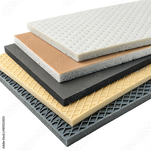 Diverse foam materials showcasing texture and density for insulation, construction, and product design applications with focus on acoustic and thermal properties