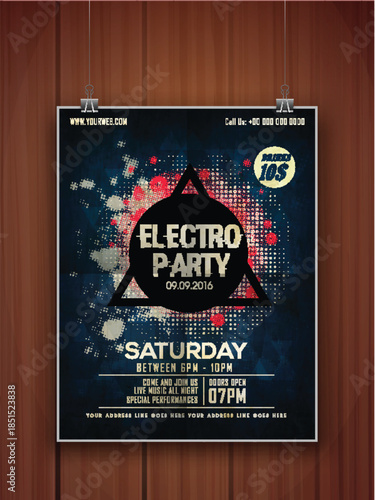 creative stylish hanging flyer banner or template on wooden background for electro