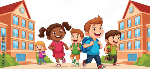 Children going to school, happy students, backpacks, school buildings, outdoor learning, joyful walk, education, childhood, academic life, group activity, morning routine, bright day