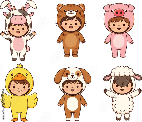 Children in animal costumes, cartoon illustration, cute kids dressed up, playful character design, colorful outfits, child-friendly vector, costume party theme, educational artwork, fun animals