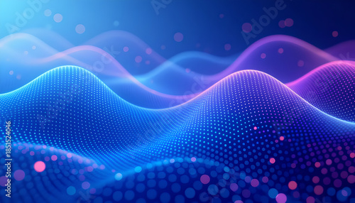 Abstract Blue Digital Wave of Particles and Dots with Bokeh Light Background.
