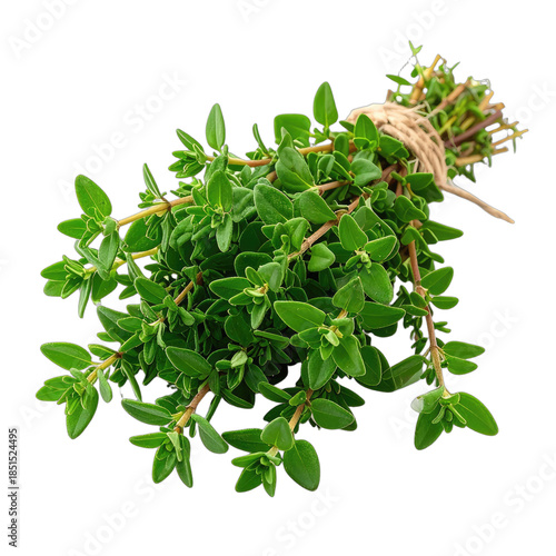 A vibrant bundle of fresh thyme sprigs tied with twine against a stark black background.