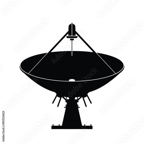 Black silhouette of a large satellite dish antenna on a white background communication technology