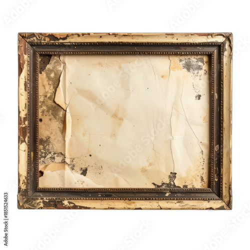 An antique, damaged picture frame surrounding very old, blank, and crumpled paper against a black background.