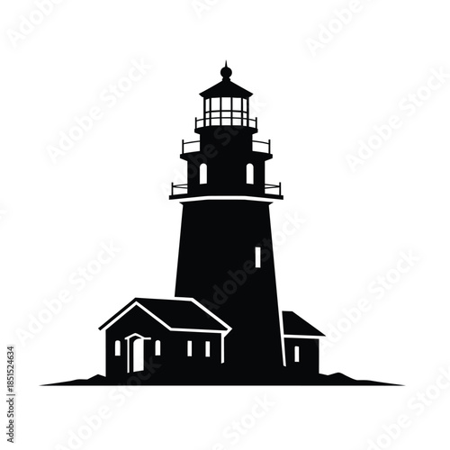 Black silhouette of a lighthouse with attached buildings on a white background vector
