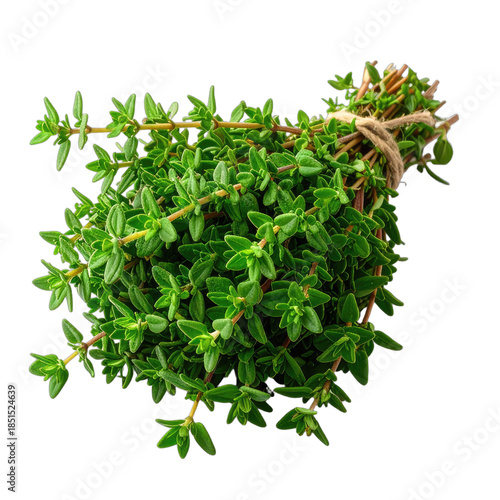A fresh bundle of green thyme tied with twine against a black background.