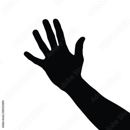 Black silhouette of a raised open hand with fingers spread against white background vector