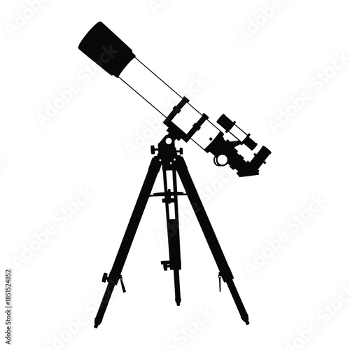 Black silhouette of a refracting telescope on a tripod astronomy science