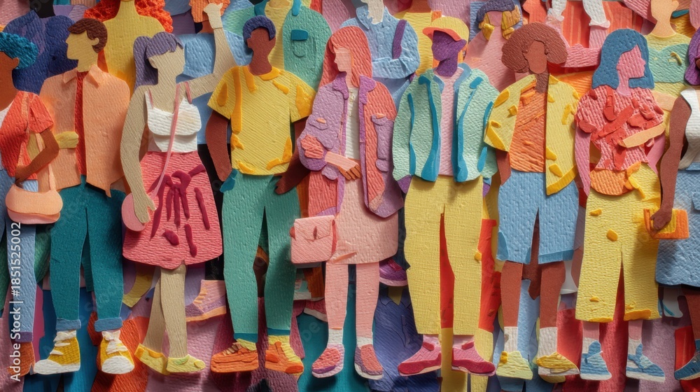 Obraz premium A group of paper cutout figures stands close together in a vibrant city area. They wear bright clothing and show a variety of styles and poses. The background has a mix of colors and shapes.