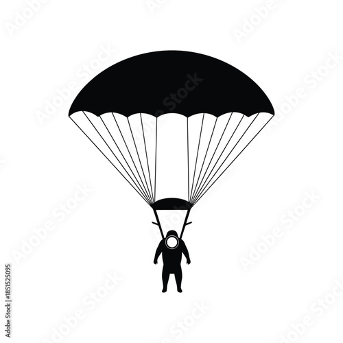 Black silhouette of a skydiver descending with a parachute against a white background skydiving jump