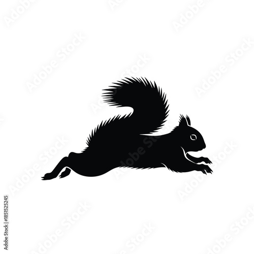 Black silhouette of a squirrel in mid-leap against a white background animal