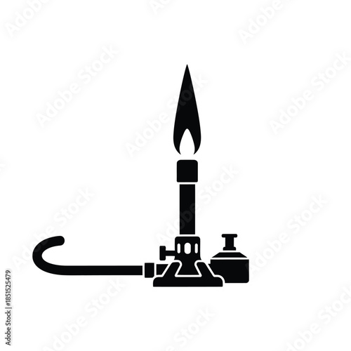 Black silhouette of a Bunsen burner with a blue flame on a white background science laboratory