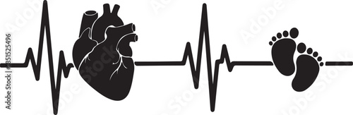 Set of heart and cardiology icons with heartbeat line, flat design in red and black colors. Suitable for health, medical, fitness, and healthcare concepts.