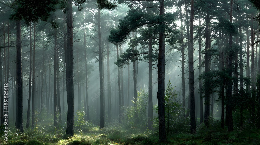 Fototapeta premium Mystical Forest Scene - Tall Trees and Atmospheric Fog Create a Serene Landscape.