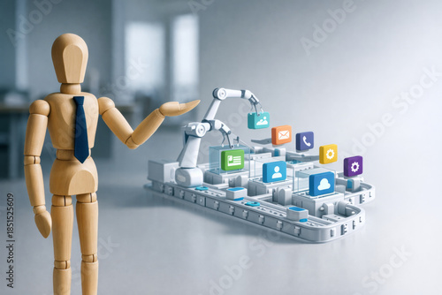 Wooden mannequin with tie presenting robotic arms assembling social media icons on conveyor belt, symbolizing automation and digital marketing innovation