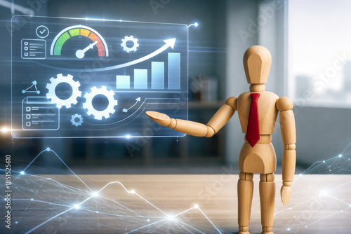 Wooden mannequin with red tie presenting digital business growth chart with gears and speedometer, symbolizing progress and success in technology and marketing