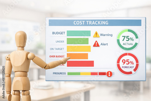 Cost tracking dashboard showing budget status with warning and alert indicators, progress bar, and percentage gauges for actual and forecast values, with wooden mannequin pointing