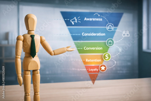 Wooden mannequin with tie presenting colorful marketing funnel diagram showing awareness, consideration, conversion, retention, and loyalty stages in office setting