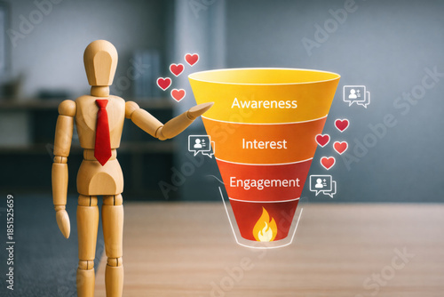 Marketing funnel concept with wooden mannequin wearing red tie showing awareness, interest, and engagement stages with heart icons and social media symbols in office setting