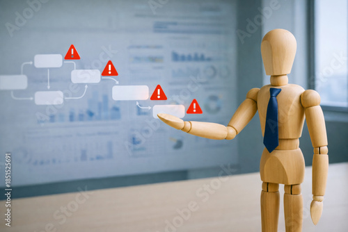 Wooden mannequin wearing blue tie presenting flowchart with warning icons, business concept of risk management and problem solving in office environment