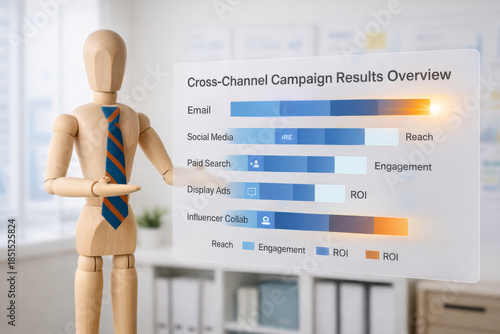 Cross channel campaign results overview showing email, social media, paid search, display ads, and influencer collaboration metrics with reach, engagement, and ROI in business presentation