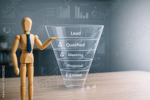 Sales funnel concept with wooden mannequin wearing tie showing lead qualification process, meeting, proposal, and closed deal stages on transparent funnel chart