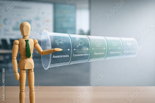 Wooden mannequin with green tie presenting marketing funnel stages including awareness, consideration, decision, and retention modern office setting, symbolizing business strategy and customer