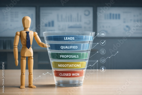 Sales funnel concept with wooden mannequin and business chart, marketing strategy stages from leads to closed won, business growth and success visualization