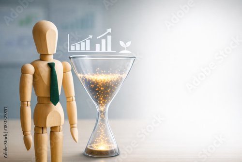 Wooden mannequin with green tie standing next to hourglass with glowing particles inside symbolizing time management, growth, and business success in bright office setting