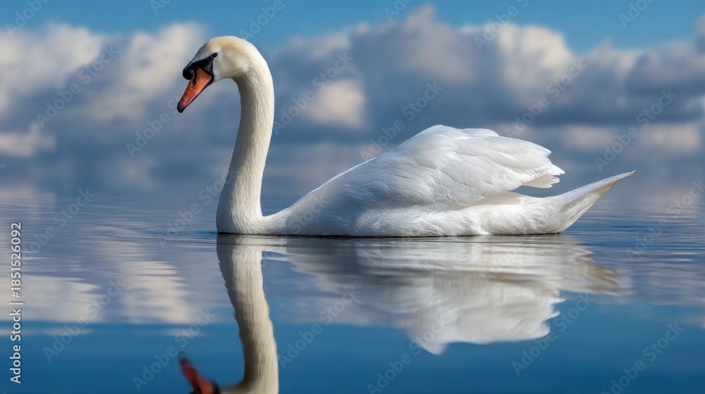 Obraz premium A swan swims gently across still water creating ripples and reflecting its image. The scene shows a clear blue sky with fluffy clouds during late afternoon light.