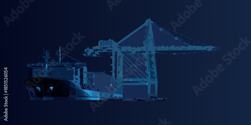 A dark blue illustration of a cargo ship and port crane structure
