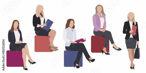 Group of professional women seated on colorful cubes in a modern office space