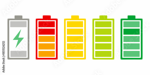 Five battery icons displaying varying levels of charge from empty to full