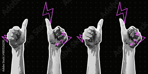 Four hands making the rock on sign with lightning bolt effects