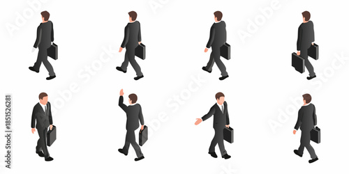 Isometric businessmen walking with briefcases in various poses and gestures
