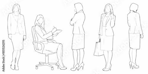 Line art illustration depicting five women in professional business attire