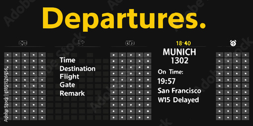 Airport departures board displaying flight information for munich and san francisco