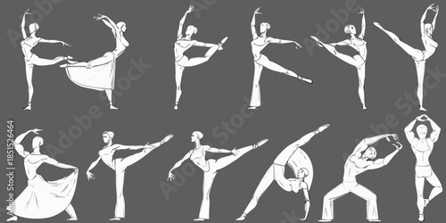A series of sketched ballet dancers in various dynamic poses and formations