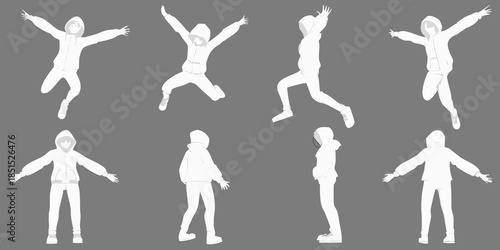 Silhouetted figures in dynamic poses a study of movement and joyful expression