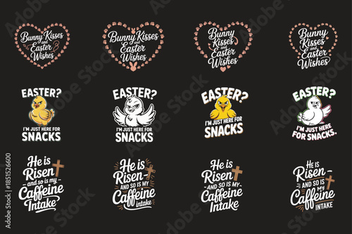 Easter themed cartoon illustrations with text and decorative elements bunny chick