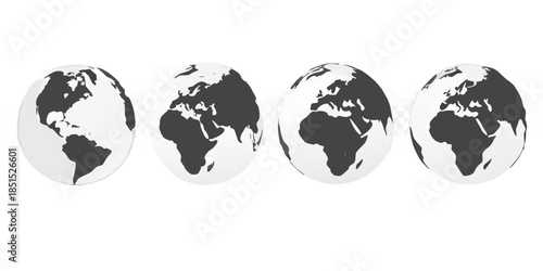 A sequence of four earth globes showcasing different continental views