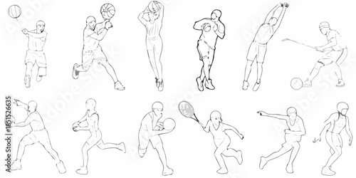 Sketch illustrations depicting various athletic poses with tennis and basketball players